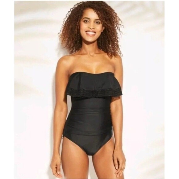 Kona Sol Swimsuit Black Sz S Women' Crochet Flounce Bandeau One Piece One strap - Picture 1 of 13